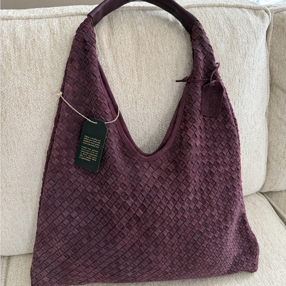 Woven Suede Leather Slouchy Hobo Shoulder Bag, Burgundy Red Purple - Picture 4 of 15